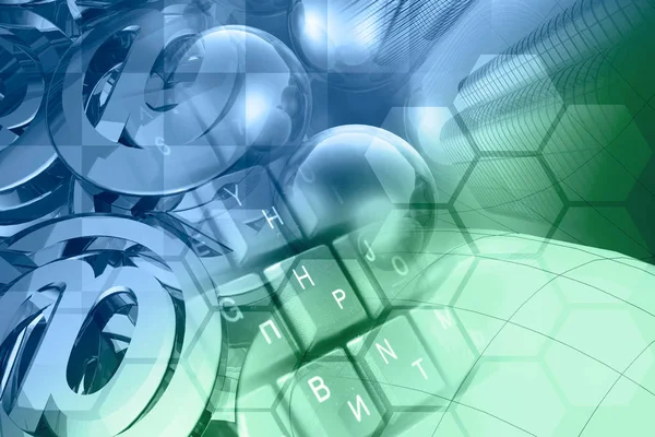 Bilgisayar arka plan - posta işaretleri, toplar, klavye ve Binalar