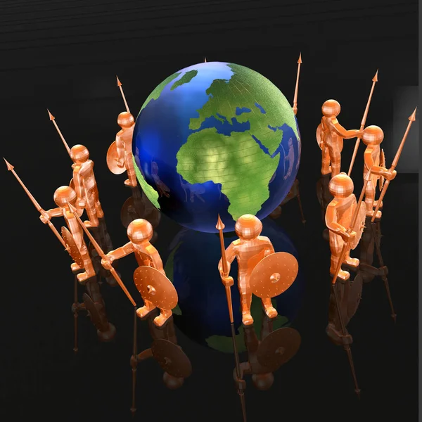 Orange armed mans with globe on black background — Stock Photo, Image