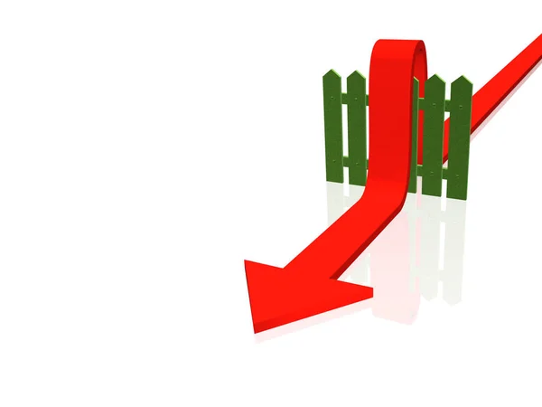 Roter Pfeil und Zaun auf weißem reflektierendem Hintergrund — Stockfoto