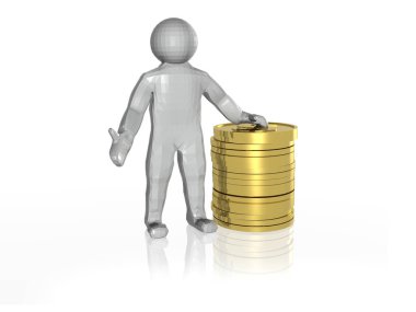 Adam ve beyaz yansıtıcı arka planda para