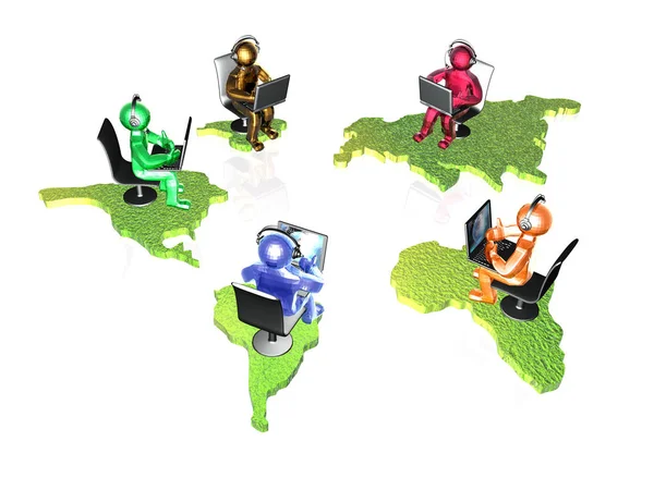 Hombres de color con ordenadores portátiles y continentes sobre fondo blanco —  Fotos de Stock