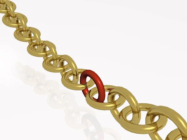 Gold chain with red link, white background — Stock Photo, Image