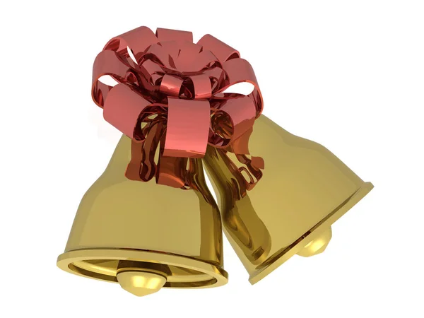 Two gold bells with ribbon against white background — Stock Photo, Image