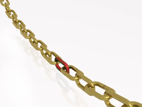 Catena con anelli in oro e rosso, sfondo bianco — Foto Stock