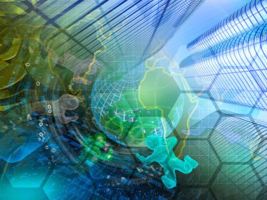 Küre, binalar ve mans - soyut bilgisayar arka plan