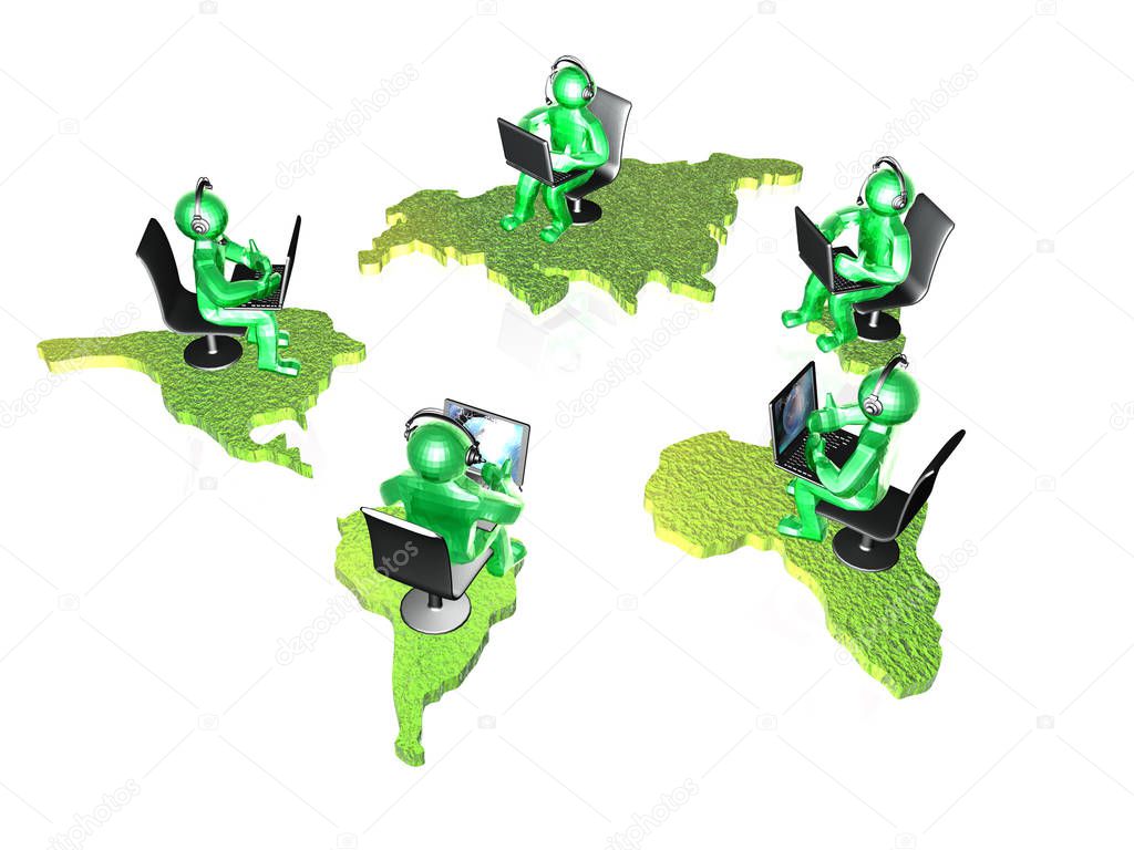 Green mans with laptops and continents on white background
