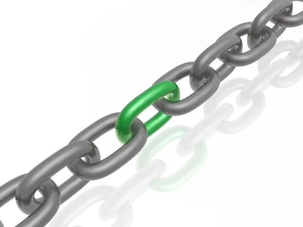 Grey chain with green link, white background — Stock Photo, Image
