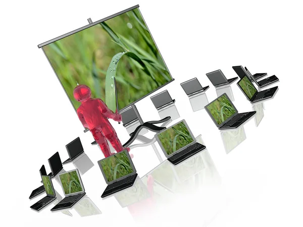 Man with presentation stand about nature, white background