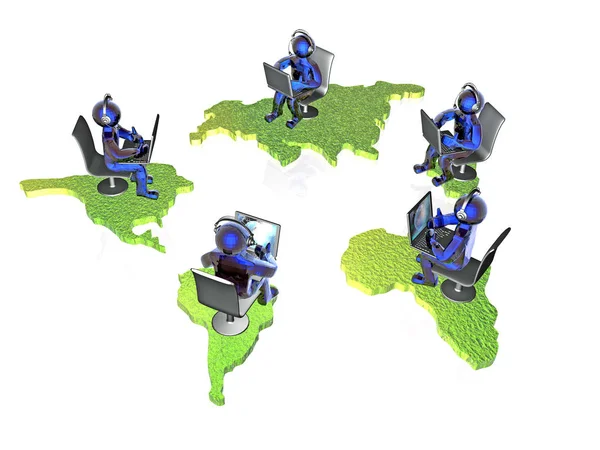Hombres azules con ordenadores portátiles y continentes sobre fondo blanco — Foto de Stock