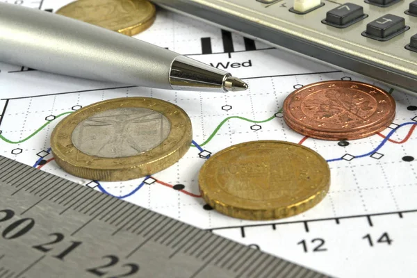 Financial background with money, calculator, ruler, graph and pen