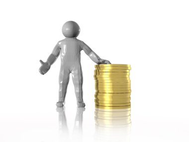 Sikke yığını, beyaz yansıtıcı arka plan gri adam