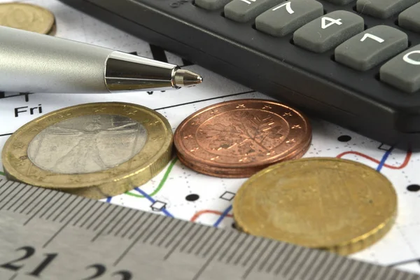 Finanzielle Hintergründe Mit Geld Taschenrechner Lineal Grafik Und Stift — Stockfoto