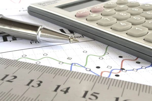 Business Background Graph Ruler Pen Calculator — Stock Photo, Image