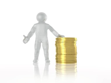 İnsan ve para beyaz yansıtıcı arka planda, 3d çizim.