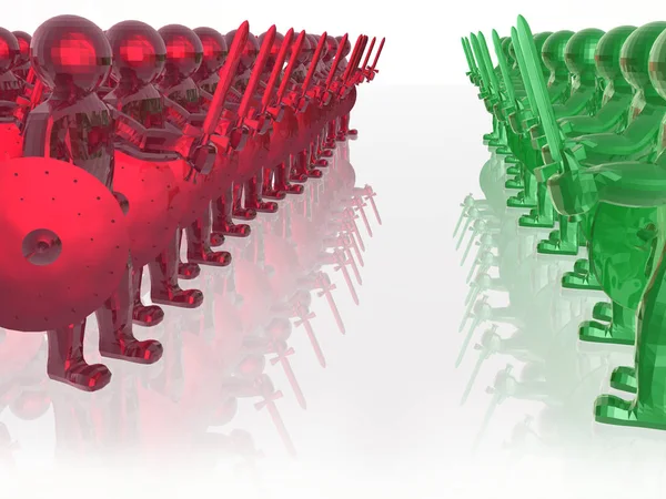 Soldados Vermelhos Verdes Com Fundo Reflexivo Branco Ilustração — Fotografia de Stock