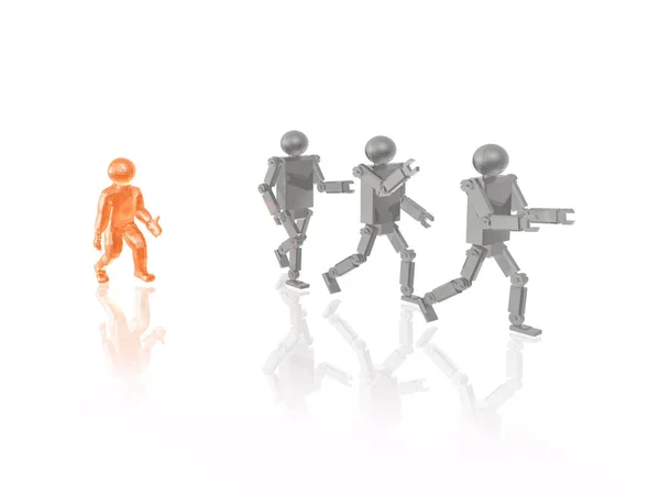 Hombre naranja y robots grises sobre fondo blanco reflectante — Foto de Stock