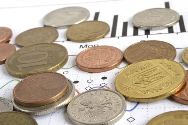 Finanzielle Hintergründe mit unterschiedlichen Münzen und Grafiken — Stockfoto