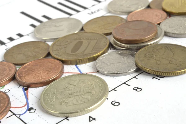 Finanzielle Hintergründe mit verschiedenen Münzen und Grafiken — Stockfoto
