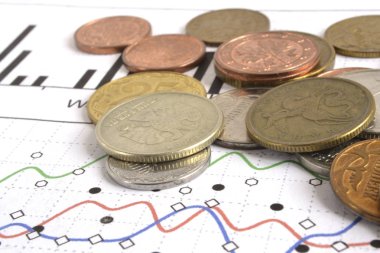Farklı sikke ve grafik ile finansal arka plan