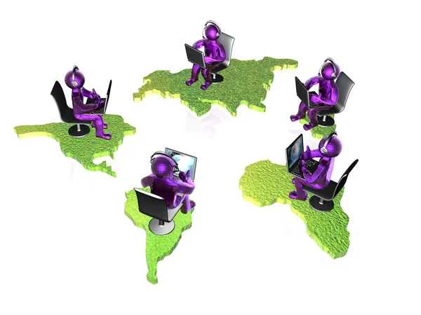 Фиолетовые Мужчины Ноутбуками Континентами Белом Фоне Иллюстрация — стоковое фото