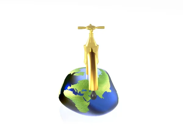 Globus mit Wasserhahn auf weißem reflektierendem Hintergrund — Stockfoto