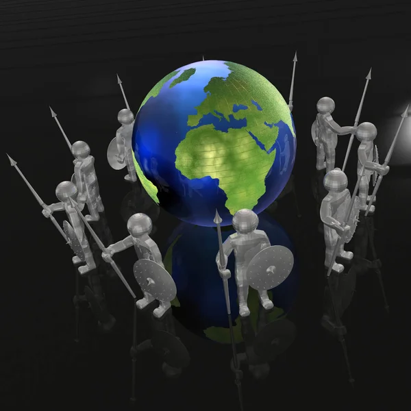 Globe and armored mans on black background — Stock Photo, Image