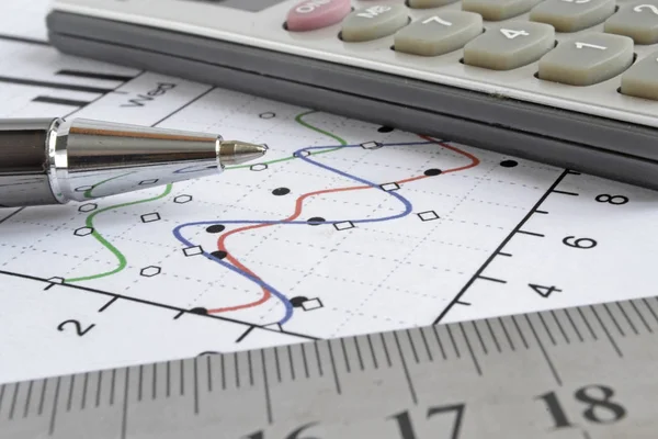 Geschäftshintergrund Mit Graph Stift Und Taschenrechner — Stockfoto