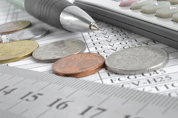 Zaplecze Finansowe Pieniądze Kalkulator Tabela Pióra — Zdjęcie stockowe