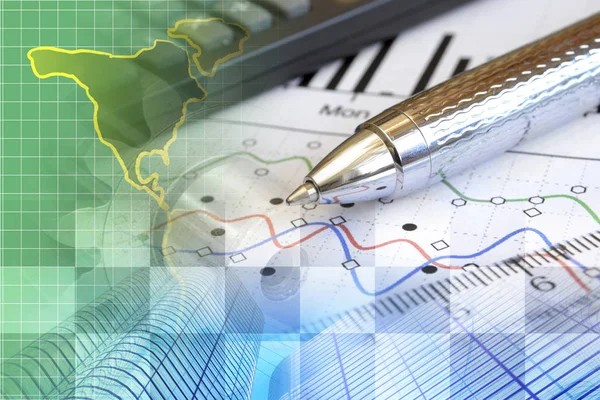 Fondo Financiero Con Mapa Calculadora Gráfico Pluma —  Fotos de Stock