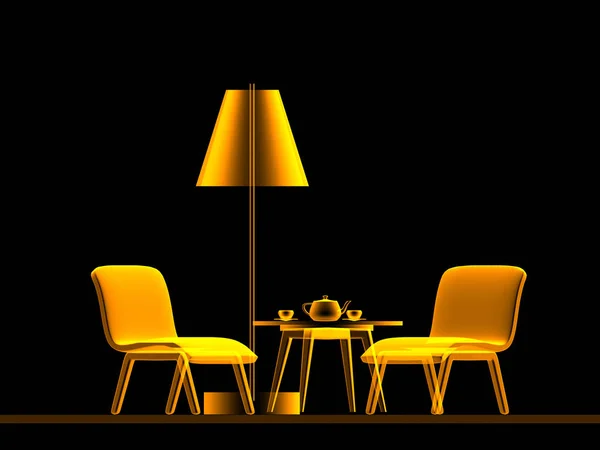 Thee tafel, standaard lamp en twee stoelen van de ene kant — Stockfoto