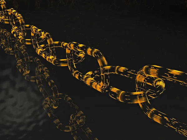 Chain with digital links, black background, 3D illustration.