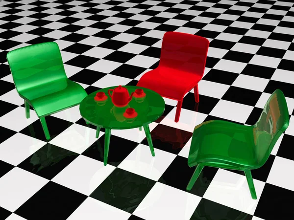 Çay tablo ve Damalı zemin üzerinde üç sandalyeler — Stok fotoğraf