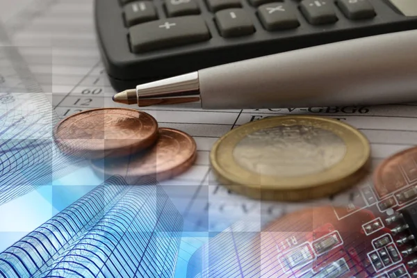 Obchodní pozadí s penězi, kalkulačka a pero — Stock fotografie