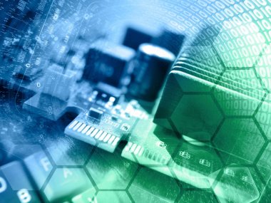 Basamak ve elektronik aygıt - soyut bilgisayar arka plan, yeşil ve mavi.