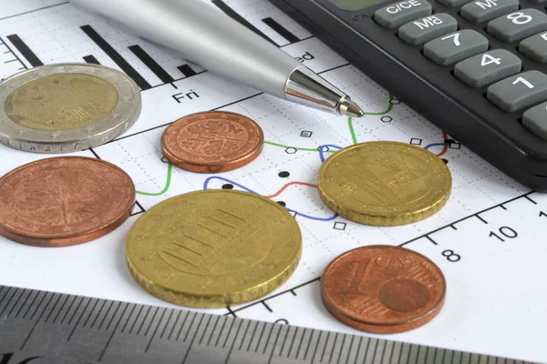 Finansowych Tło Pieniądze Kalkulator Linijki Wykres Pióra — Zdjęcie stockowe
