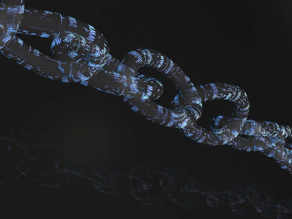 Chain with digital links, black background, 3D illustration.