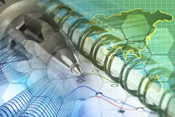 金融の背景に地図、ギア、建物、ペン — ストック写真