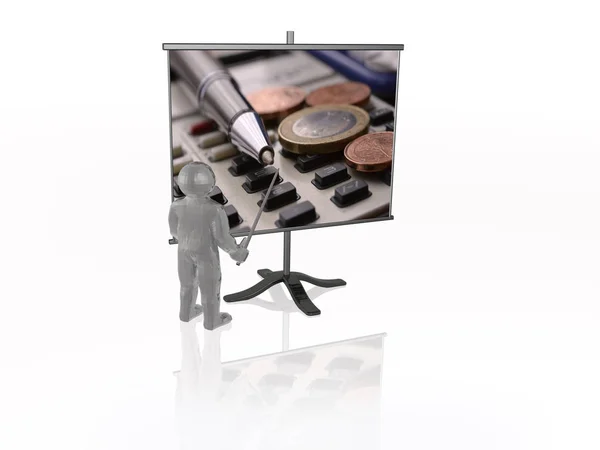 Man with presentation stand, white background, 3D illustration.