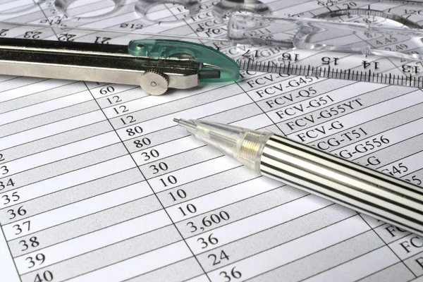 Business background with table, pencil, compass and ruler — Stock Photo, Image