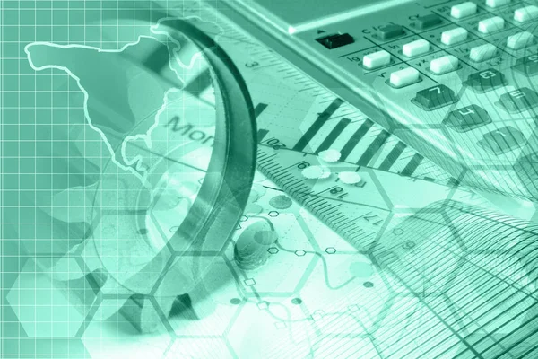 Financial background in greens with map, calculator, ruler and graph.