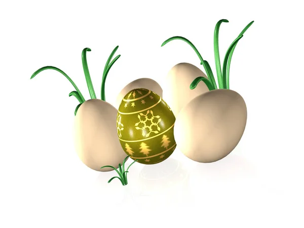 Easter eggs and grass on white rerlective background — Stock Photo, Image