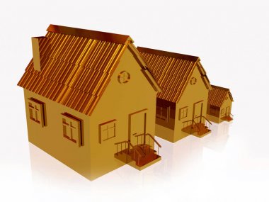 Beyaz yansıma arka plan, 3d çizim üzerinde üç altın evleri.