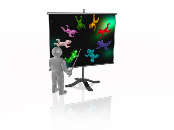 Man with presentation stand, white background, 3D illustration.