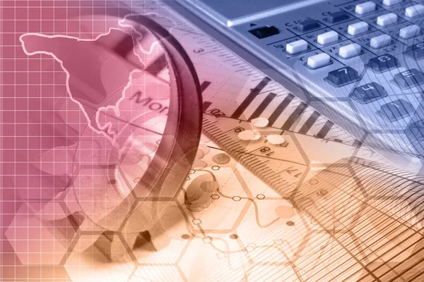 Financial background with map, calculator, ruler and graph, toned.