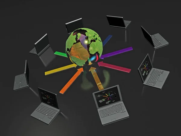 Мережа Ноутбуки Глобус Чорному Тлі Ілюстрація — стокове фото