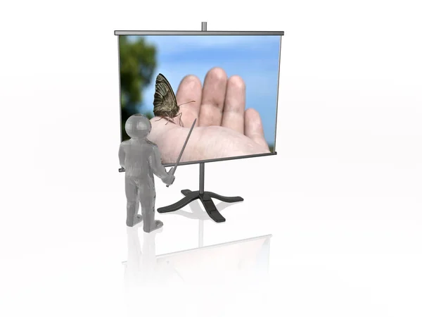 Man with presentation stand about nature, white background, 3D illustration.