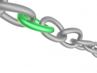 Yeşil link, beyaz arka plan, 3d çizim ile gri zinciri.