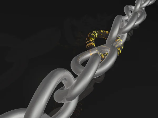 Chain with digital central link, black background, 3D illustration.