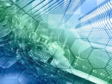 Basamak ve binalar - soyut bilgisayar arka plan, yeşil ve mavi.