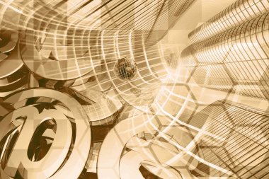 Bilgisayar arka planda sepya - posta işaretleri, Küre ve Binalar.